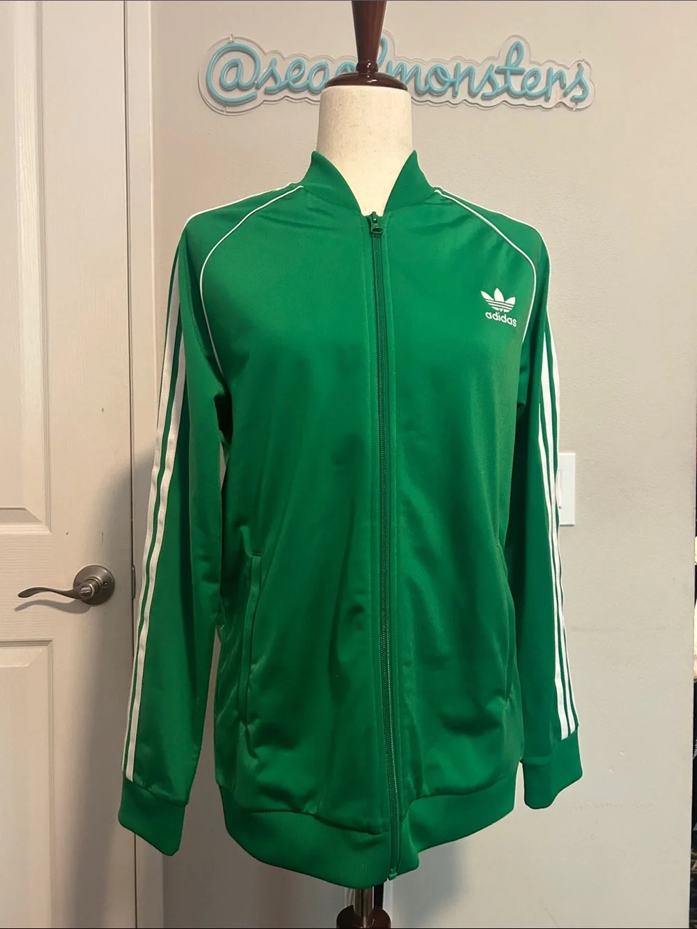 adidas Originals Green Bomber-Style Track Jacket with White Stripes